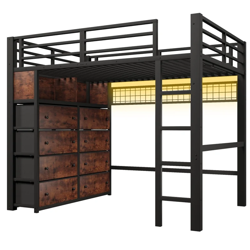 Letto a soppalco 140x200 in metallo nero con 8 cassetti; LED a 7 colori e scala fissa