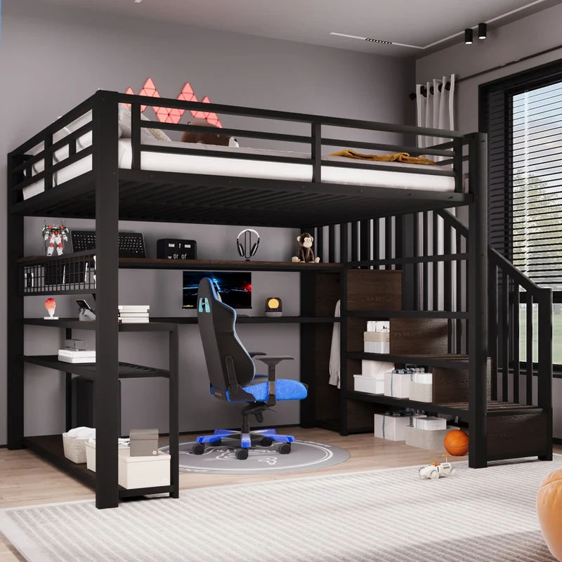 Letto a soppalco 140x200 con scrivania integrata; armadio laterale e LED RGB; metallo e MDF nero