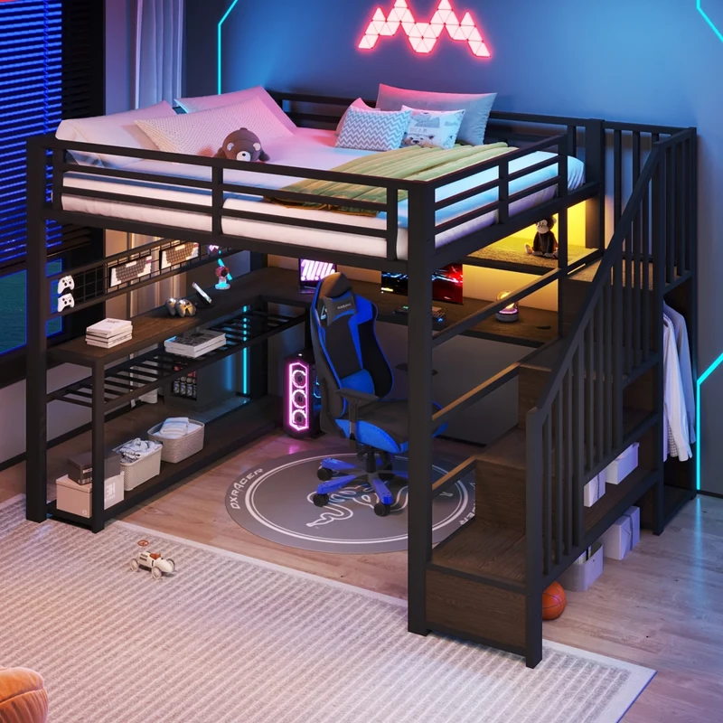 Letto a soppalco 140x200 con scrivania integrata; armadio laterale e LED RGB; metallo e MDF nero