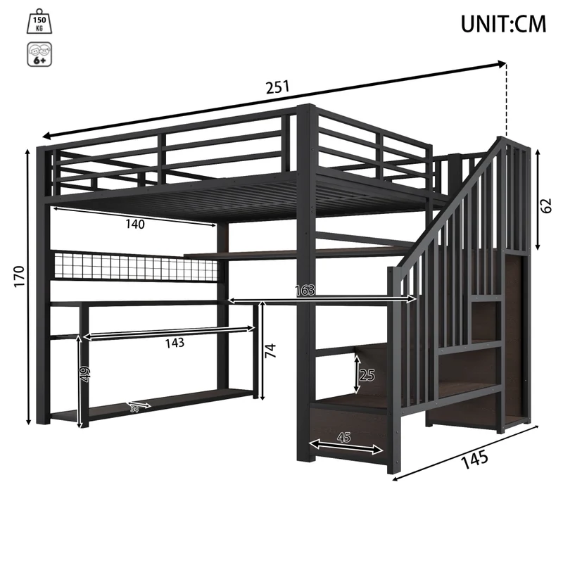 Letto a soppalco 140x200 con scrivania integrata; armadio laterale e LED RGB; metallo e MDF nero