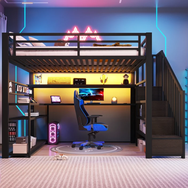 Letto a soppalco 140x200 con scrivania integrata; armadio laterale e LED RGB; metallo e MDF nero