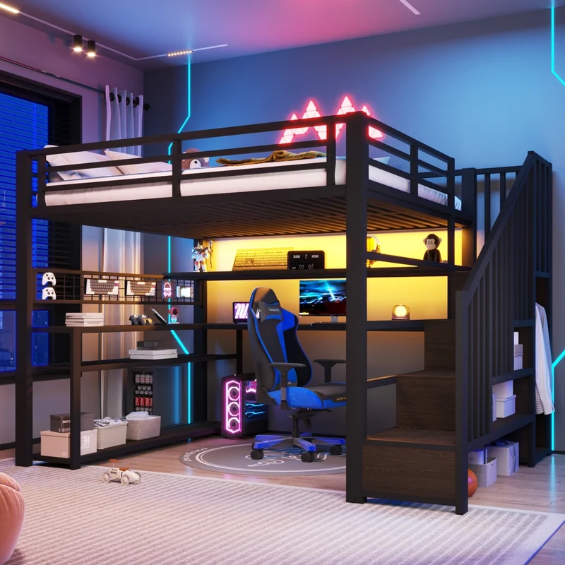 Letto a soppalco 140x200 con scrivania integrata; armadio laterale e LED RGB; metallo e MDF nero