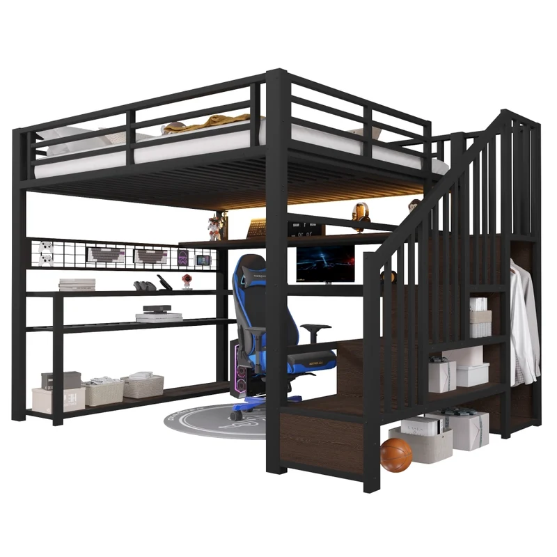 Letto a soppalco 140x200 con scrivania integrata; armadio laterale e LED RGB; metallo e MDF nero