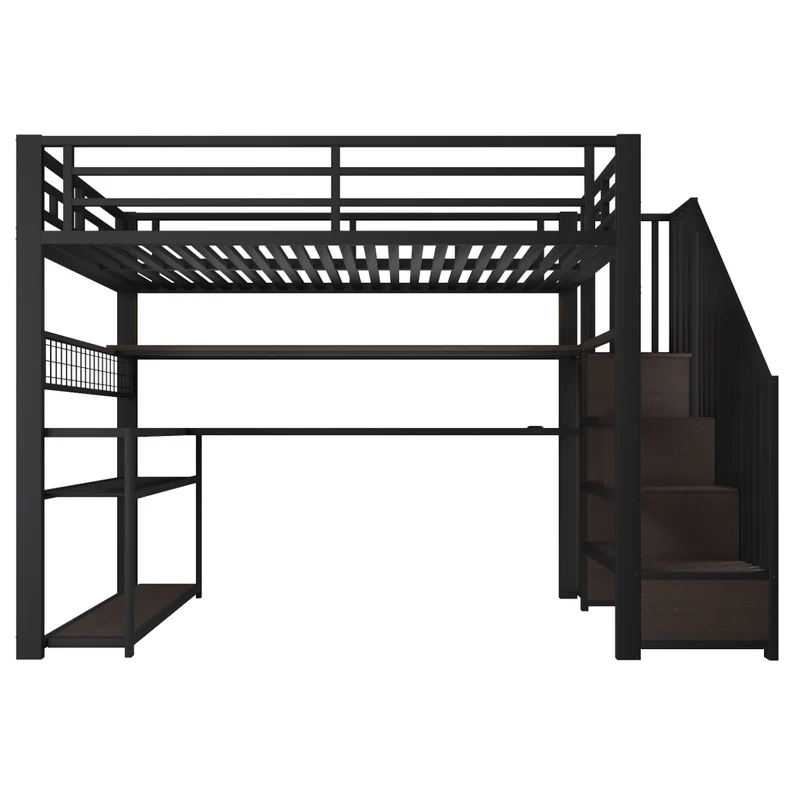 Letto a soppalco 140x200 con scrivania integrata; armadio laterale e LED RGB; metallo e MDF nero
