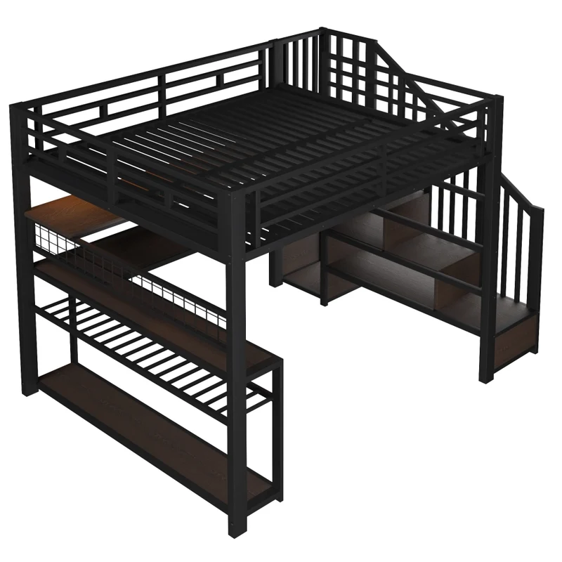 Letto a soppalco 140x200 con scrivania integrata; armadio laterale e LED RGB; metallo e MDF nero