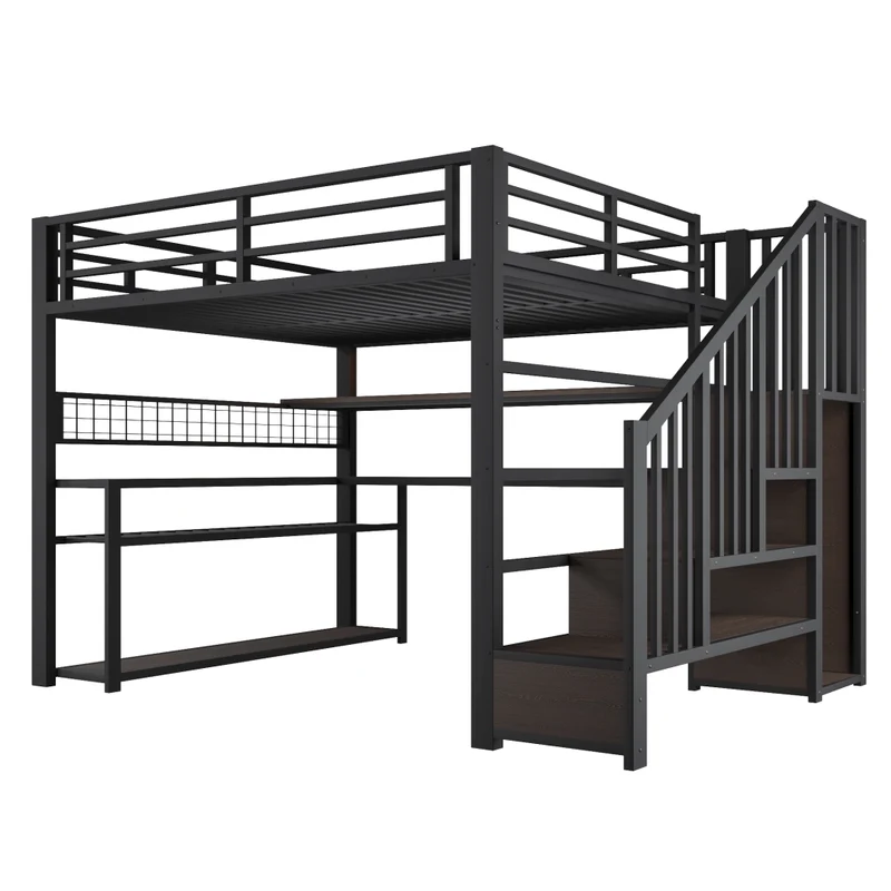 Letto a soppalco 140x200 con scrivania integrata; armadio laterale e LED RGB; metallo e MDF nero