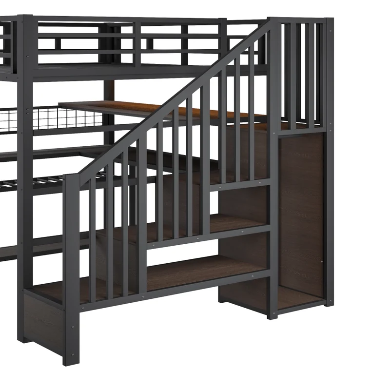 Letto a soppalco 140x200 con scrivania integrata; armadio laterale e LED RGB; metallo e MDF nero