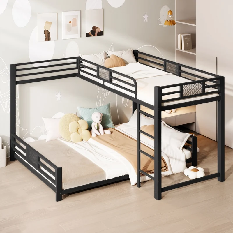 Letto a castello angolare in metallo 90x200 e 140x200 nero; salvaspazio per cameretta
