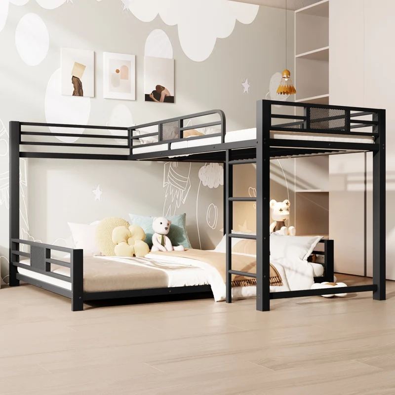 Letto a castello angolare in metallo 90x200 e 140x200 nero; salvaspazio per cameretta