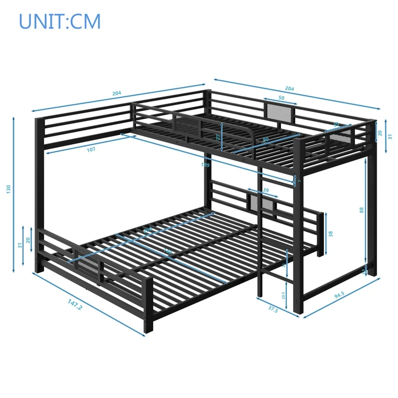 Letto a castello angolare in metallo 90x200 e 140x200 nero; salvaspazio per cameretta