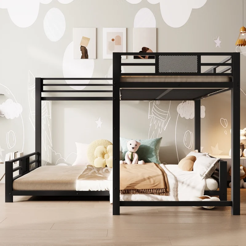 Letto a castello angolare in metallo 90x200 e 140x200 nero; salvaspazio per cameretta