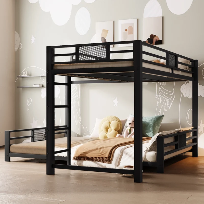 Letto a castello angolare in metallo 90x200 e 140x200 nero; salvaspazio per cameretta