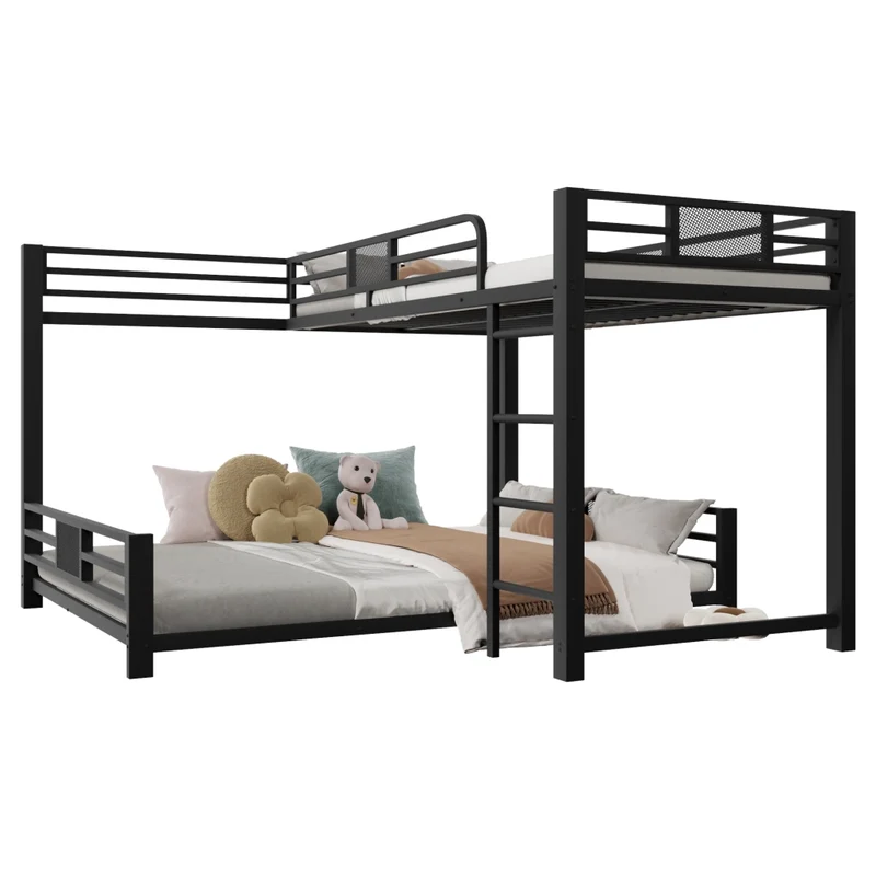 Letto a castello angolare in metallo 90x200 e 140x200 nero; salvaspazio per cameretta