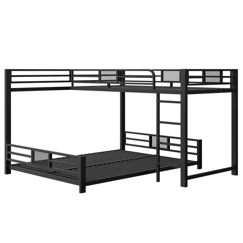 Letto a castello angolare in metallo 90x200 e 140x200 nero; salvaspazio per cameretta