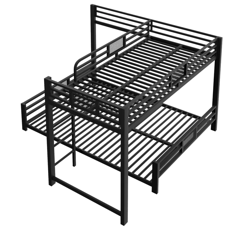 Letto a castello angolare in metallo 90x200 e 140x200 nero; salvaspazio per cameretta