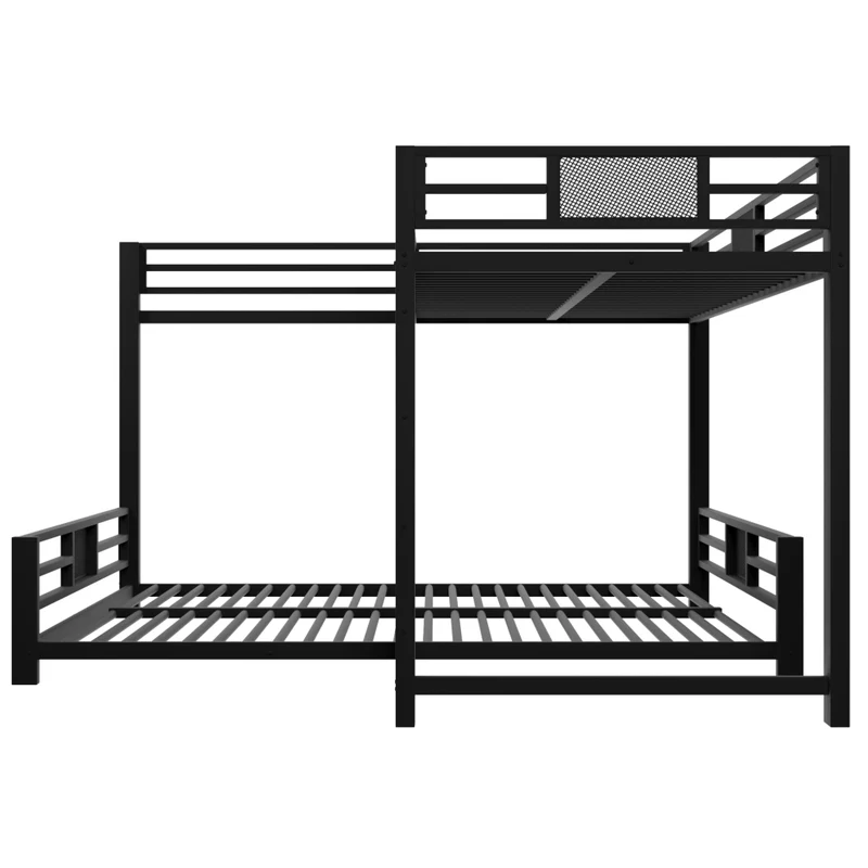 Letto a castello angolare in metallo 90x200 e 140x200 nero; salvaspazio per cameretta