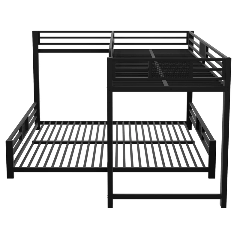 Letto a castello angolare in metallo 90x200 e 140x200 nero; salvaspazio per cameretta