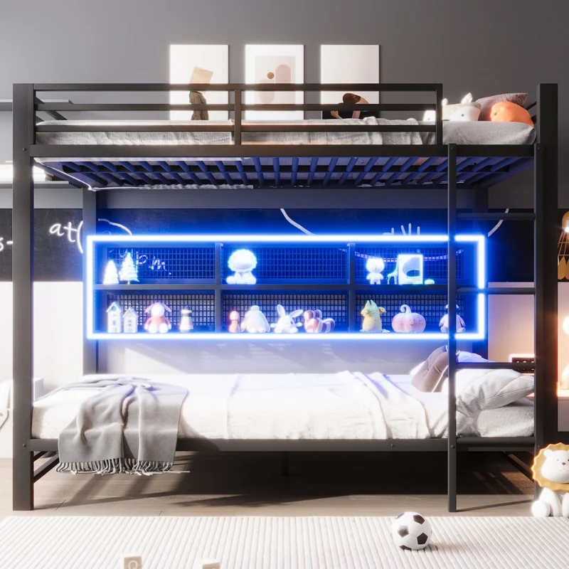 Letto a castello 140x200 in metallo nero con 6 armadietti e luce LED