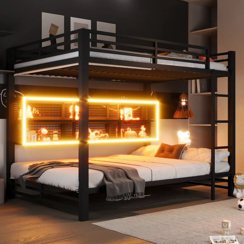 Letto a castello 140x200 in metallo nero con 6 armadietti e luce LED