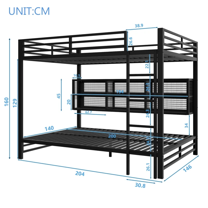 Letto a castello 140x200 in metallo nero con 6 armadietti e luce LED