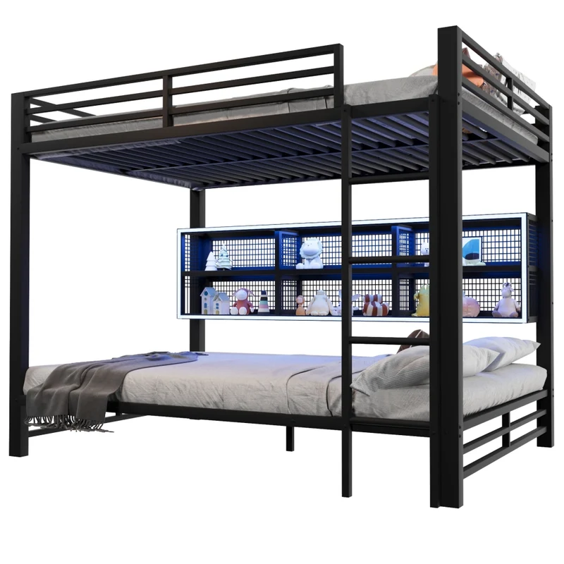 Letto a castello 140x200 in metallo nero con 6 armadietti e luce LED