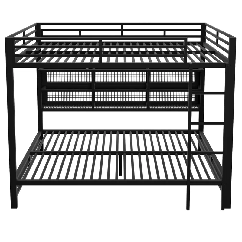 Letto a castello 140x200 in metallo nero con 6 armadietti e luce LED