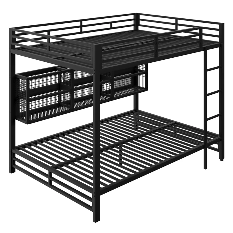Letto a castello 140x200 in metallo nero con 6 armadietti e luce LED