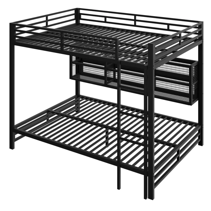 Letto a castello 140x200 in metallo nero con 6 armadietti e luce LED