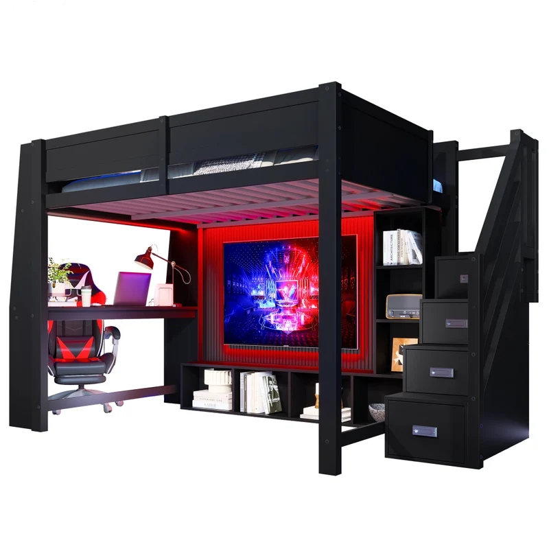 Letto a soppalco 140x200 in legno con scrivania; contenitori; scala e LED; nero