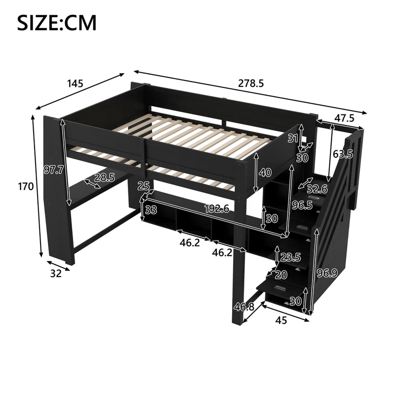 Letto a soppalco 140x200 in legno con scrivania; contenitori; scala e LED; nero