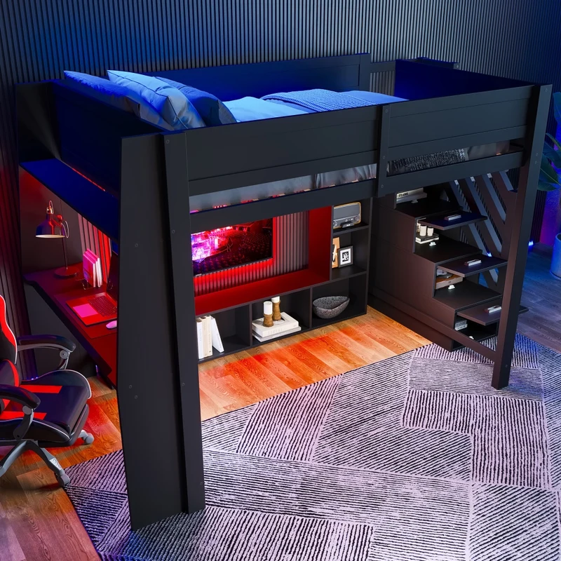 Letto a soppalco 140x200 in legno con scrivania; contenitori; scala e LED; nero