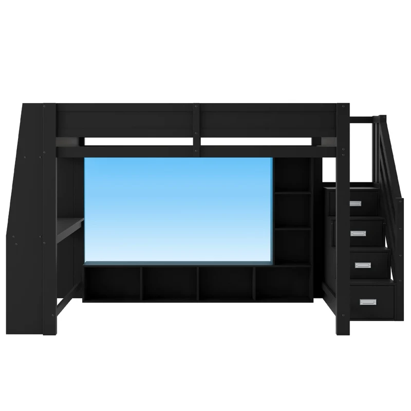 Letto a soppalco 140x200 in legno con scrivania; contenitori; scala e LED; nero