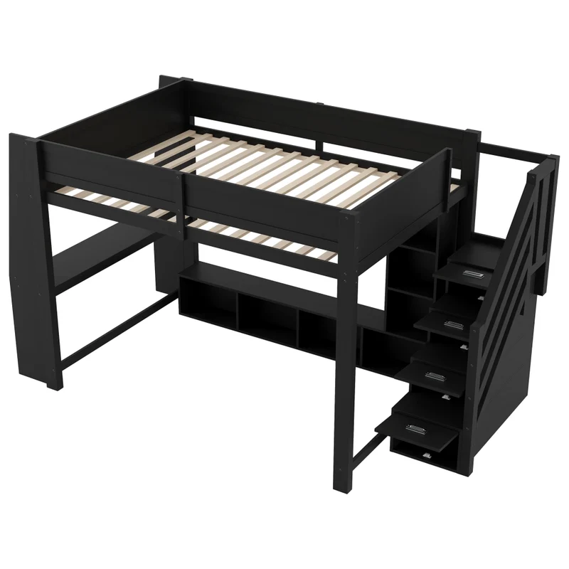 Letto a soppalco 140x200 in legno con scrivania; contenitori; scala e LED; nero