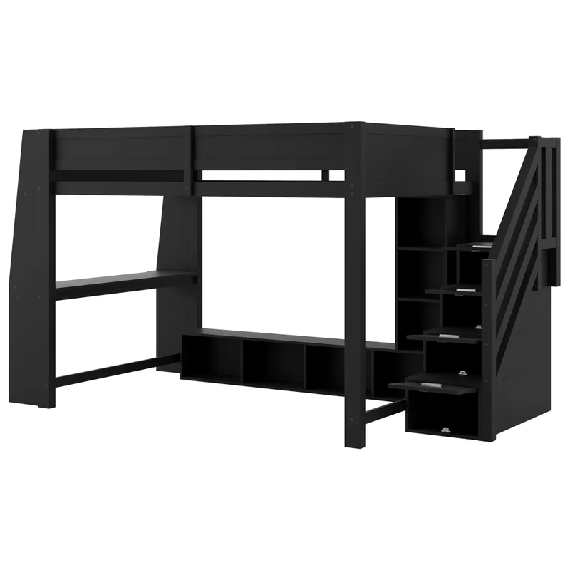 Letto a soppalco 140x200 in legno con scrivania; contenitori; scala e LED; nero