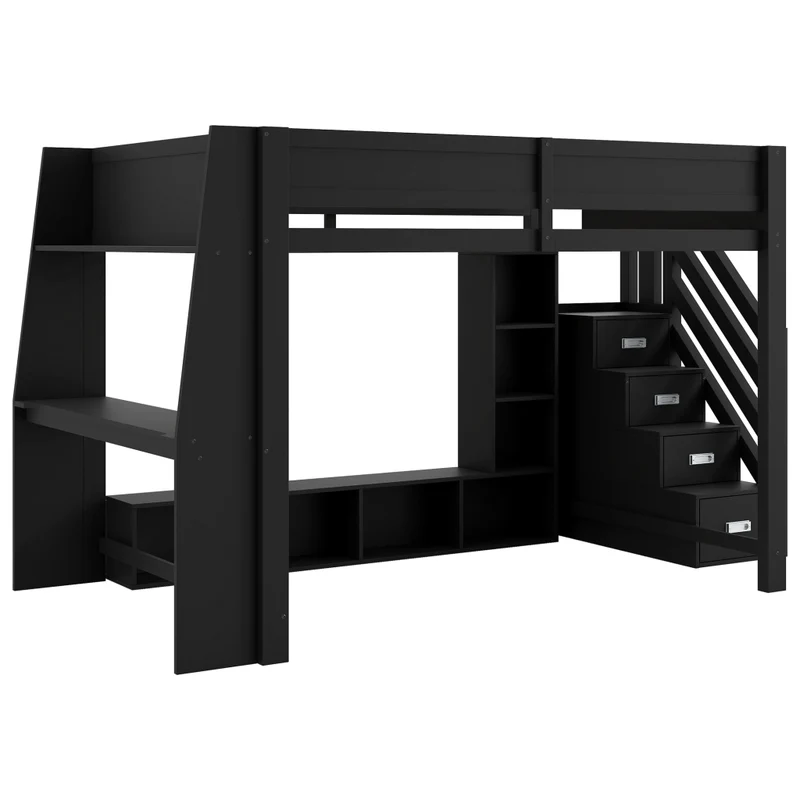 Letto a soppalco 140x200 in legno con scrivania; contenitori; scala e LED; nero