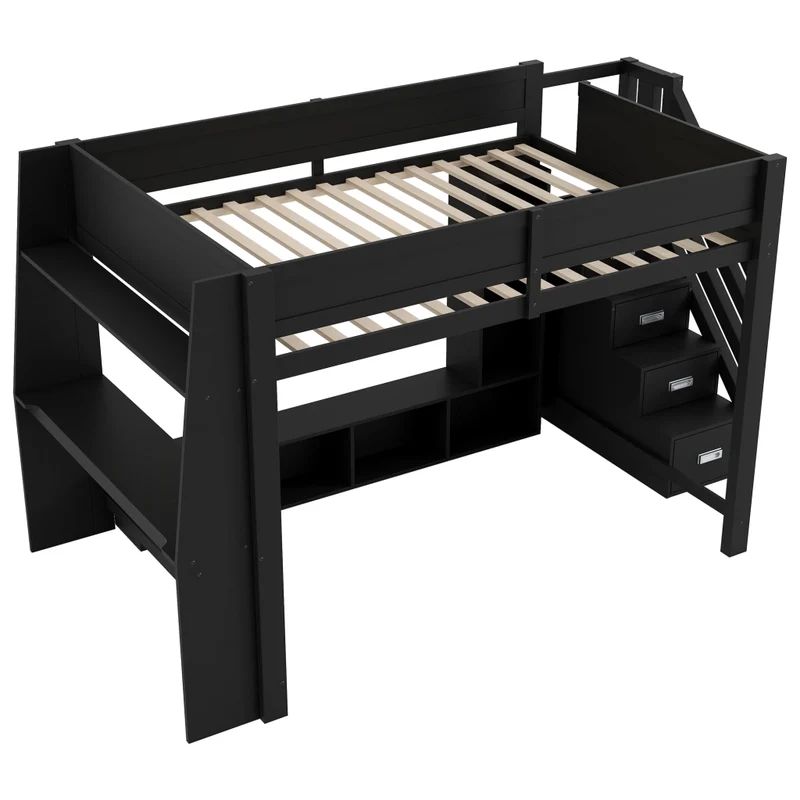 Letto a soppalco 140x200 in legno con scrivania; contenitori; scala e LED; nero