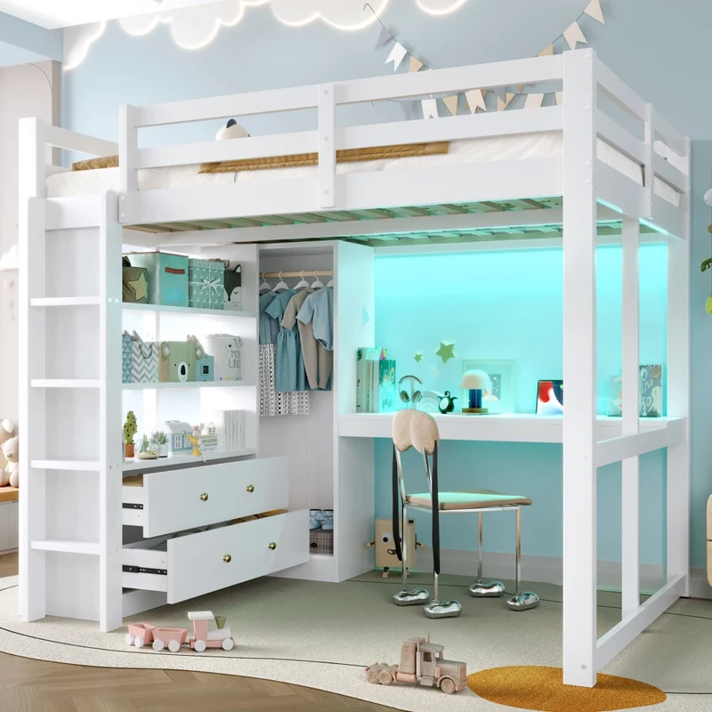 Letto a soppalco 140x200 con scrivania integrata; cassetti; LED e USB; legno bianco