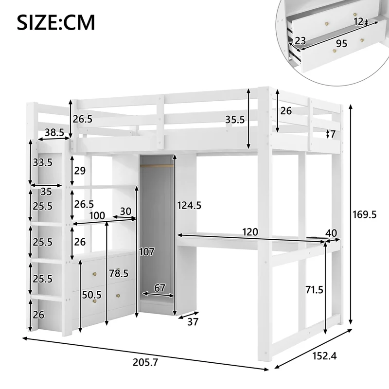 Letto a soppalco 140x200 con scrivania integrata; cassetti; LED e USB; legno bianco