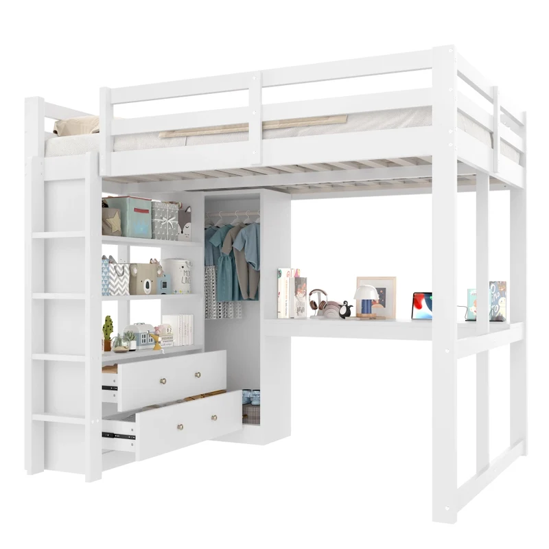 Letto a soppalco 140x200 con scrivania integrata; cassetti; LED e USB; legno bianco