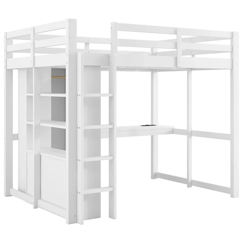 Letto a soppalco 140x200 con scrivania integrata; cassetti; LED e USB; legno bianco