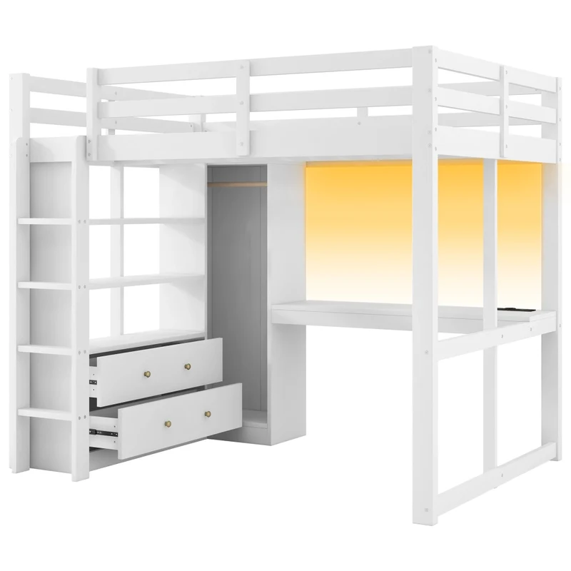 Letto a soppalco 140x200 con scrivania integrata; cassetti; LED e USB; legno bianco
