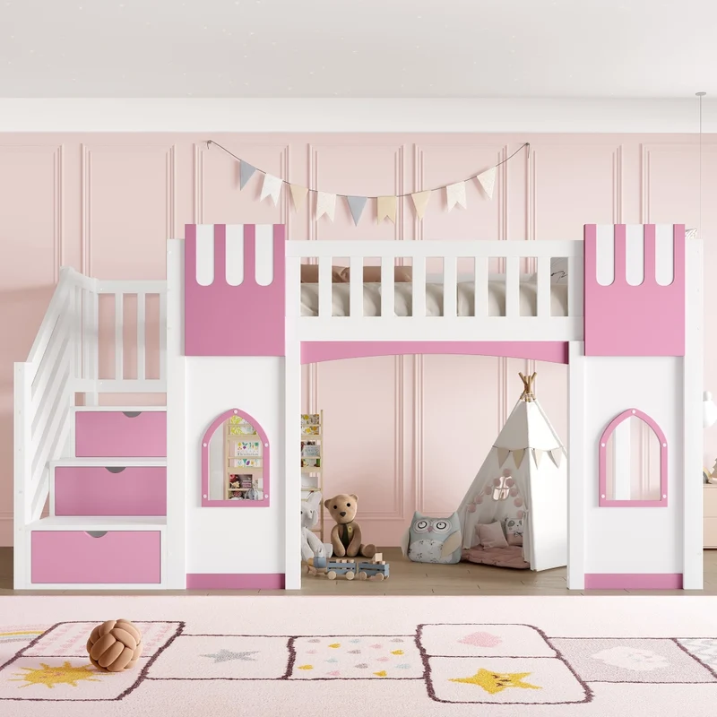 Letto a soppalco 90x200 cm con scala contenitore; 2 finestre; struttura in pino e MDF; bianco e rosa
