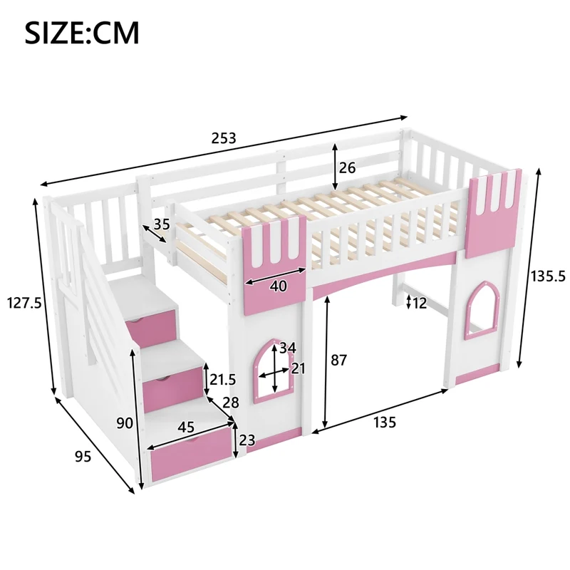 Letto a soppalco 90x200 cm con scala contenitore; 2 finestre; struttura in pino e MDF; bianco e rosa