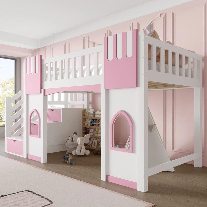 Letto a soppalco 90x200 cm con scala contenitore; 2 finestre; struttura in pino e MDF; bianco e rosa