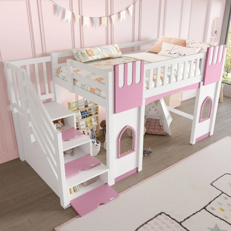 Letto a soppalco 90x200 cm con scala contenitore; 2 finestre; struttura in pino e MDF; bianco e rosa