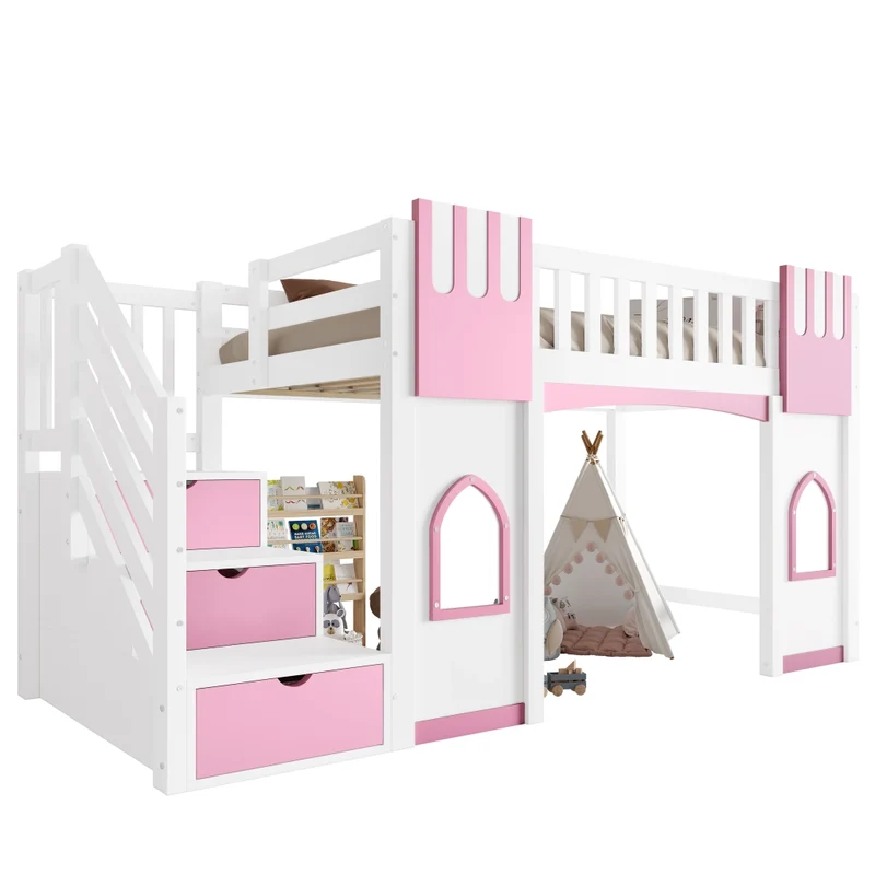 Letto a soppalco 90x200 cm con scala contenitore; 2 finestre; struttura in pino e MDF; bianco e rosa