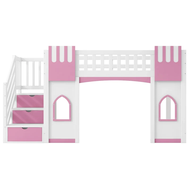 Letto a soppalco 90x200 cm con scala contenitore; 2 finestre; struttura in pino e MDF; bianco e rosa