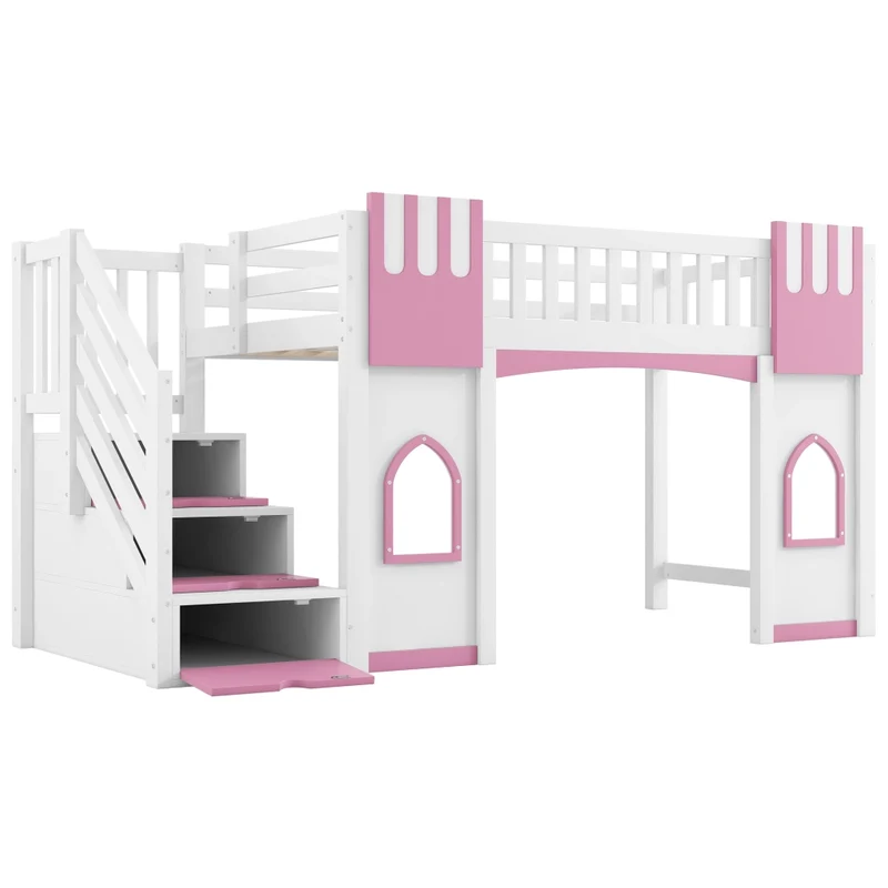 Letto a soppalco 90x200 cm con scala contenitore; 2 finestre; struttura in pino e MDF; bianco e rosa
