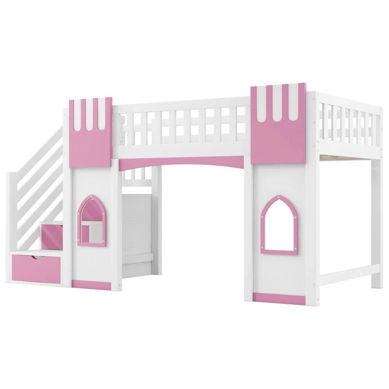 Letto a soppalco 90x200 cm con scala contenitore; 2 finestre; struttura in pino e MDF; bianco e rosa