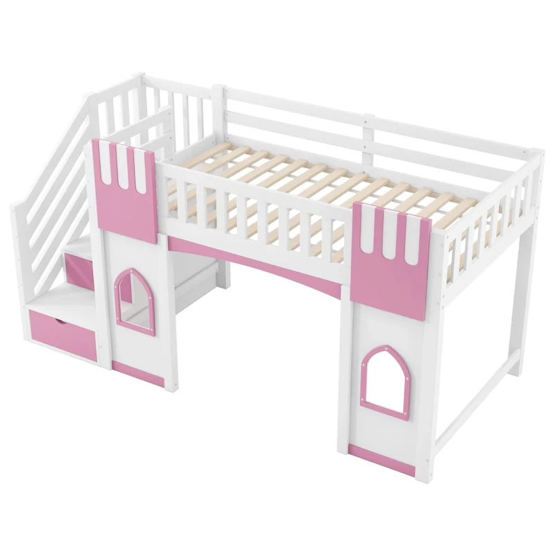 Letto a soppalco 90x200 cm con scala contenitore; 2 finestre; struttura in pino e MDF; bianco e rosa